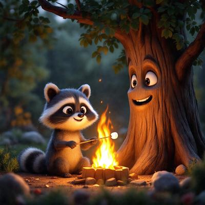The primary subject of the image is a cartoon raccoon sitting next to a tree, with a fire in the background. The setting appears to be a forest, and the visual style is a digital art or illustration. The colors are predominantly warm and earthy tones, creating a cozy and inviting atmosphere.